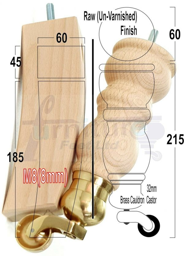 RAW WOODEN FURNITURE SETTEE LEGS M8 REPLACEMENT FEET 2 WITH CASTORS 215mm HIGH - Image 15