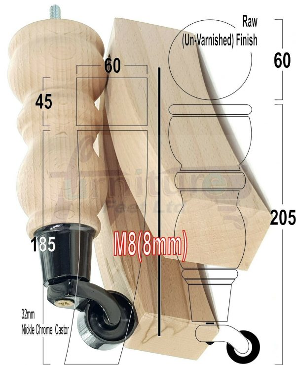 RAW WOODEN FURNITURE SETTEE LEGS M8 REPLACEMENT FEET 2 WITH CASTORS 215mm HIGH - Image 14
