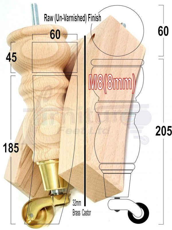 RAW WOODEN FURNITURE SETTEE LEGS M8 REPLACEMENT FEET 2 WITH CASTORS 215mm HIGH - Image 11
