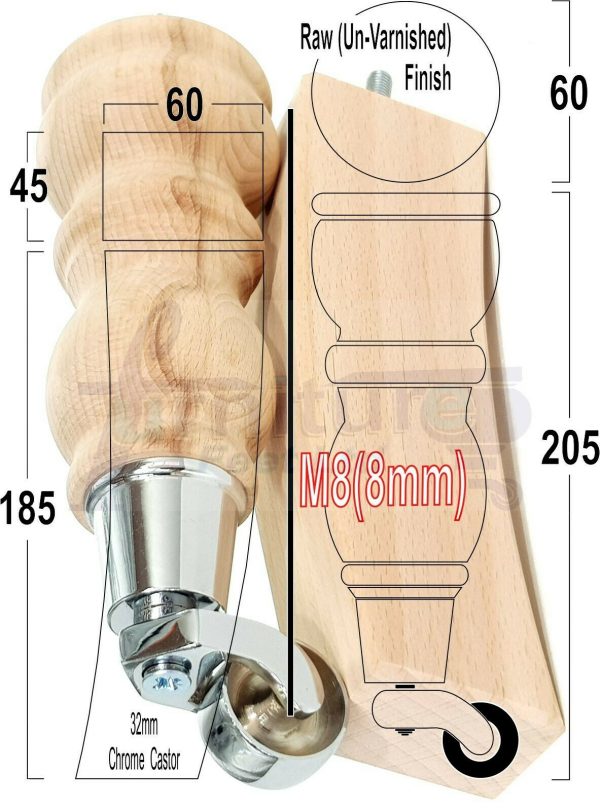 RAW WOODEN FURNITURE SETTEE LEGS M8 REPLACEMENT FEET 2 WITH CASTORS 215mm HIGH - Image 12