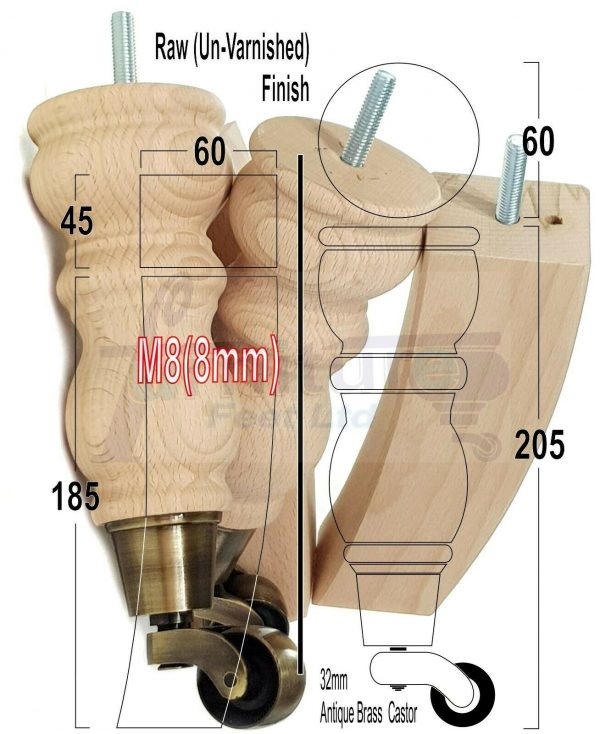 RAW WOODEN FURNITURE SETTEE LEGS M8 REPLACEMENT FEET 2 WITH CASTORS 215mm HIGH - Image 13