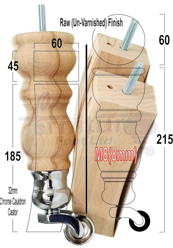 RAW WOODEN FURNITURE SETTEE LEGS M8 REPLACEMENT FEET 2 WITH CASTORS 215mm HIGH - Image 16