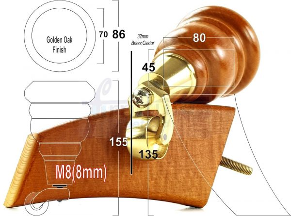 SOLID WOOD FURNITURE LEGS M8(8mm)  REPLACEMENT FEET 2 WITH CASTORS 165mm HIGH - Image 13