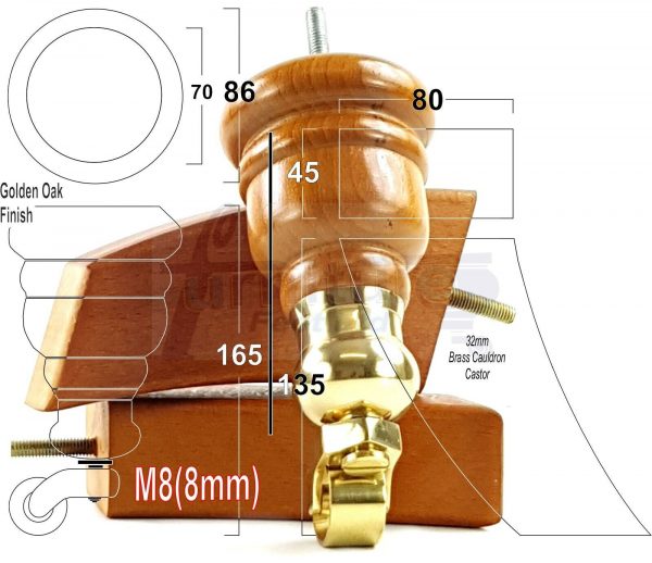 SOLID WOOD FURNITURE LEGS M8(8mm)  REPLACEMENT FEET 2 WITH CASTORS 165mm HIGH - Image 17