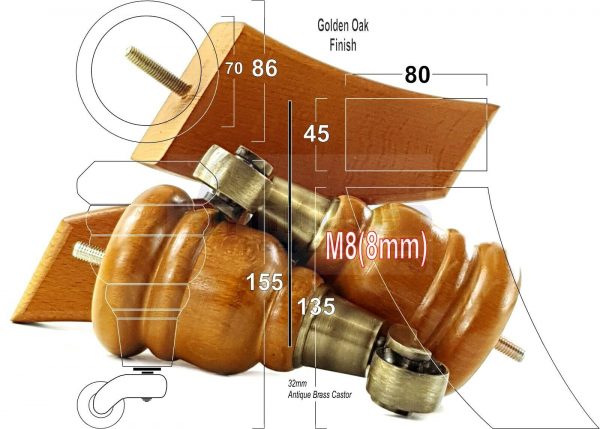 SOLID WOOD FURNITURE LEGS M8(8mm)  REPLACEMENT FEET 2 WITH CASTORS 165mm HIGH - Image 15