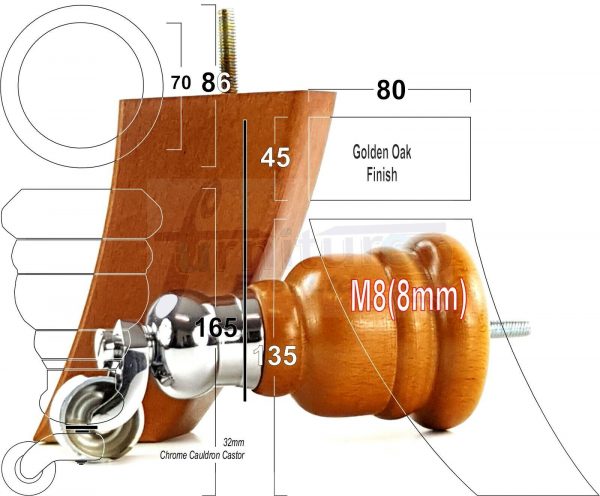 SOLID WOOD FURNITURE LEGS M8(8mm)  REPLACEMENT FEET 2 WITH CASTORS 165mm HIGH - Image 18