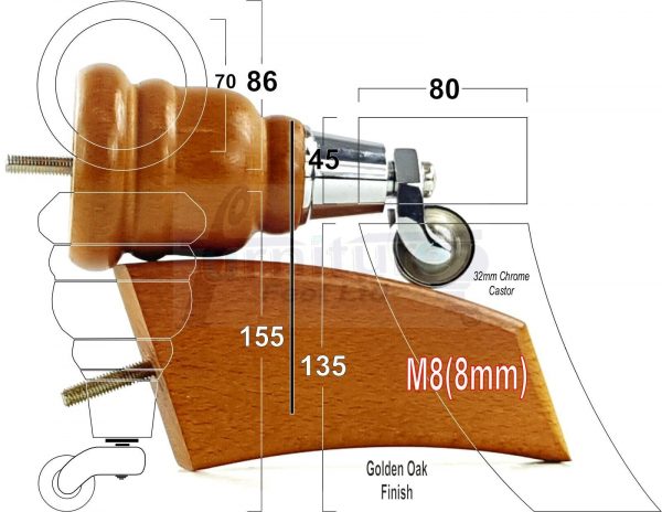 SOLID WOOD FURNITURE LEGS M8(8mm)  REPLACEMENT FEET 2 WITH CASTORS 165mm HIGH - Image 14