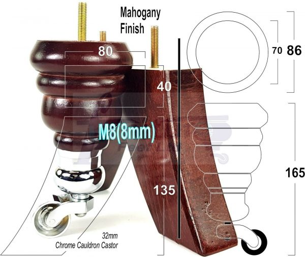 TURNED WOOD CASTOR LEGS 165mm High CHAIR REPLACEMENT SOFA FURNITURE FEET M8(8mm) - Image 16