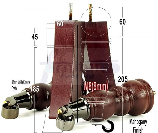 WOODEN FURNITURE SETTEE LEGS M8 REPLACEMENT CHAIR FEET 2 WITH CASTORS 215mm HIGH - Image 8