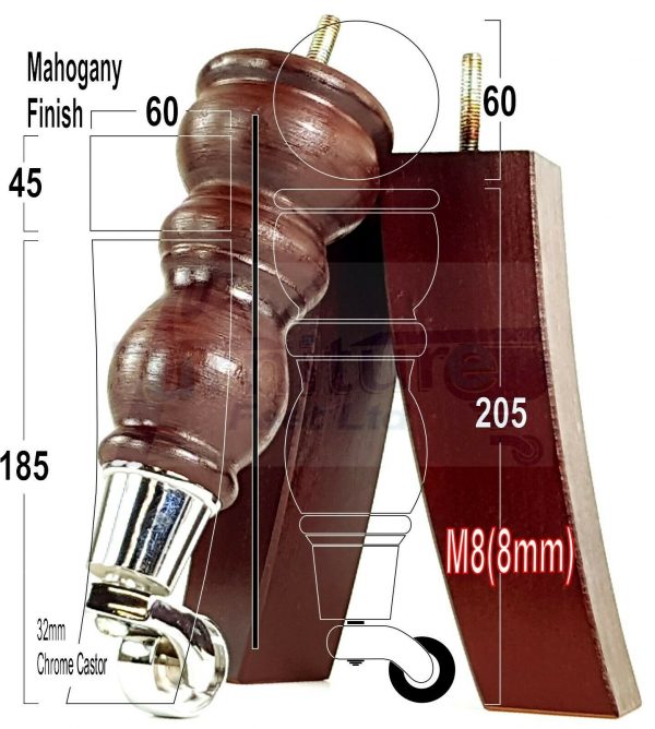 WOODEN FURNITURE SETTEE LEGS M8 REPLACEMENT CHAIR FEET 2 WITH CASTORS 215mm HIGH - Image 6