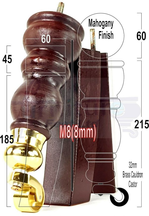 WOODEN FURNITURE SETTEE LEGS M8 REPLACEMENT CHAIR FEET 2 WITH CASTORS 215mm HIGH - Image 9