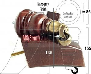 WOODEN FURNITURE SETTEE LEGS M8 REPLACEMENT CHAIR FEET 2 WITH CASTORS 155mm HIGH