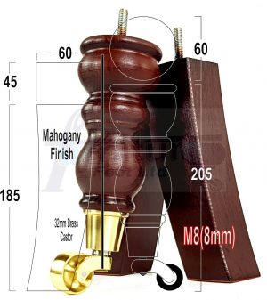 WOODEN FURNITURE SETTEE LEGS M8 REPLACEMENT CHAIR FEET 2 WITH CASTORS 215mm HIGH