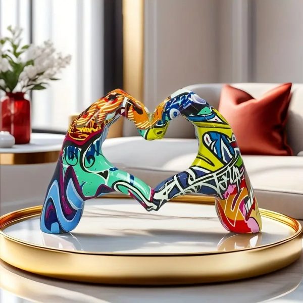 Colourful Graffiti Heart Hands Sculpture Modern Resin Art Modern Abstract Heart Decor 12cm High - Image 3