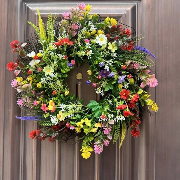 Large Springtime Floral Wreath Artificial Wildflower Decoration Indoor Outdoor 42cm Diameter - Image 3