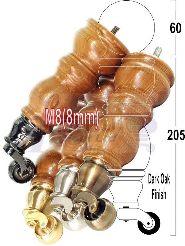 4x Turned Wood Furniture Sofa Legs M8 Replacement Feet With Castors 215mm High - Image 9