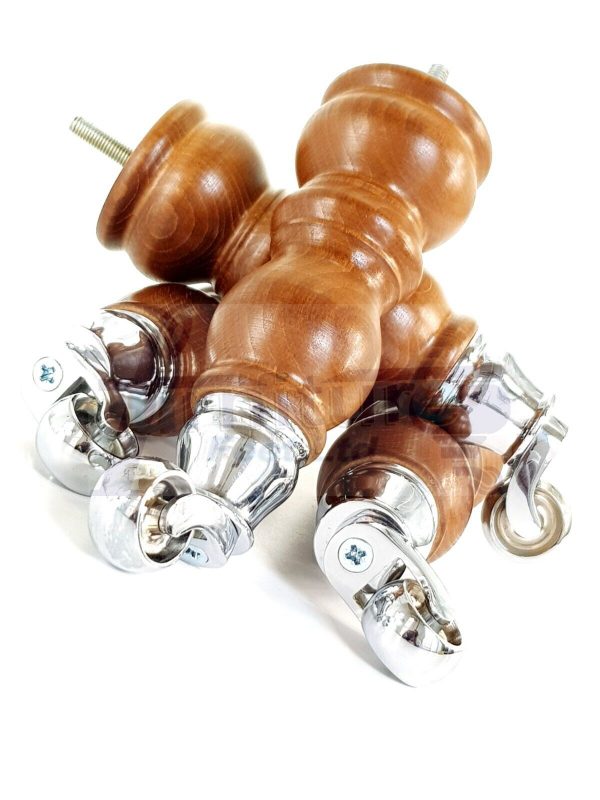 4x Turned Wood Furniture Sofa Legs M8 Replacement Feet With Castors 215mm High - Image 20