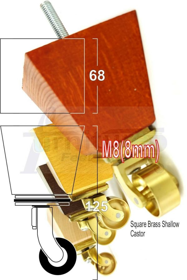 4x SOLID WOOD BRASS CASTOR FURNITURE CHAIR LEGS M8(8mm) SOFA FEET 125mm HIGH