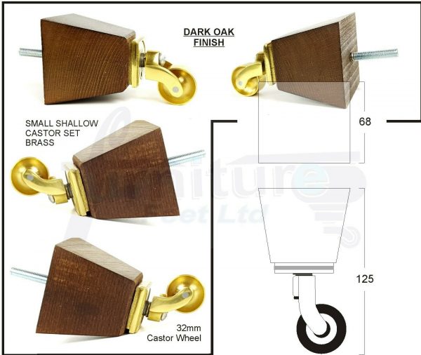 4x SOLID WOOD BRASS CASTOR FURNITURE CHAIR LEGS M8(8mm) SOFA FEET 125mm HIGH - Image 6