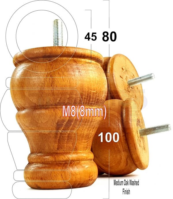 4 Turned Wood Furniture Chair Legs M8 Replacement Sofa, Settee Feet 100mm High - Image 26