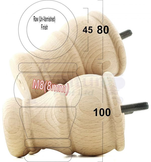 4 Turned Wood Furniture Chair Legs M8 Replacement Sofa, Settee Feet 100mm High - Image 32