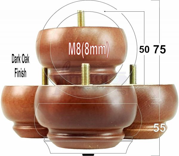 Wooden Leg Sofa Feet 55mm High Dark Oak  4 Replacement Turned Bun Feet  M8